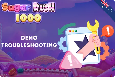 Sugar Rush 1000 demo troubleshooting with phone, wrench and warning icons