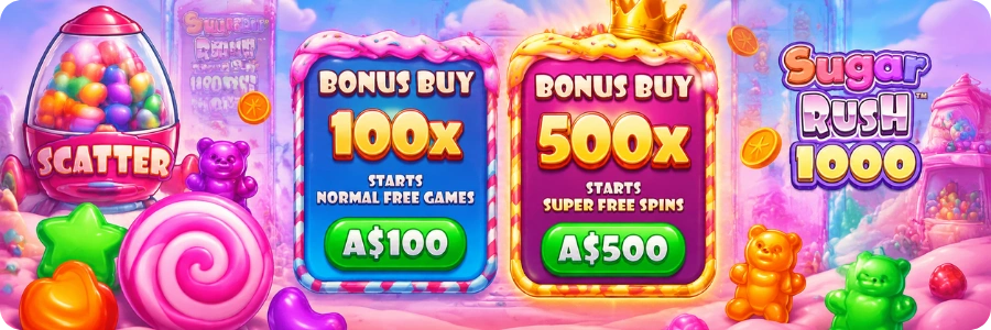 Sugar Rush 1000 bonus buy menu showing the 100x free spins and 500x super free spins options