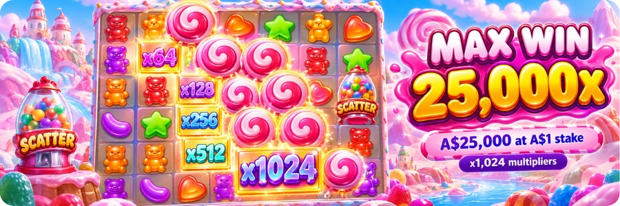 Sugar Rush 1000 max win screen with a 25,000x payout and stacked x1,024 multipliers on the grid