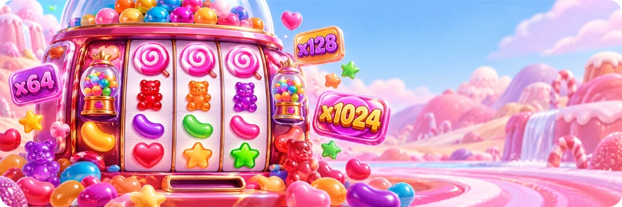 Sugar Rush 1000 slot grid with gummy bears, jelly beans and lollipop symbols on a pink candy background